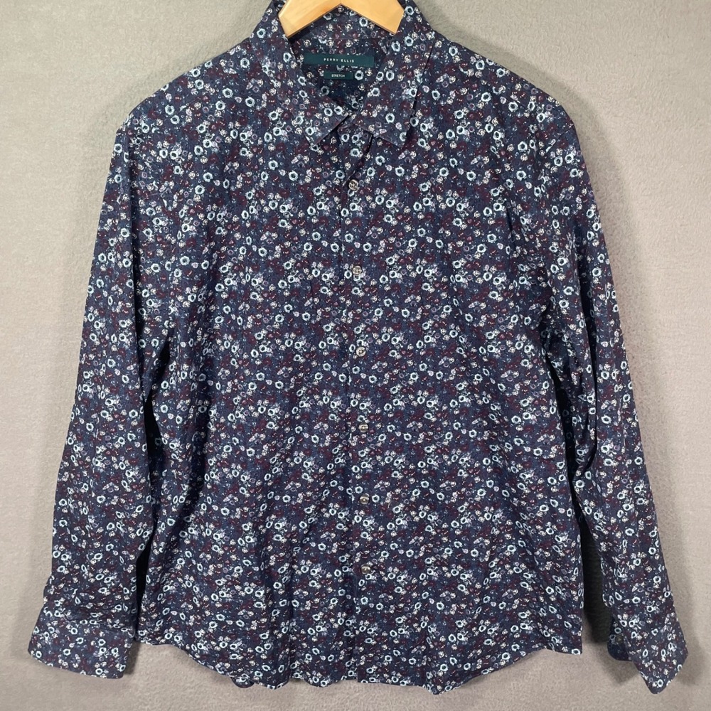 Perry Ellis Mens XL Button‎ Down Shirt Blue Floral Stretch Long Sleeve